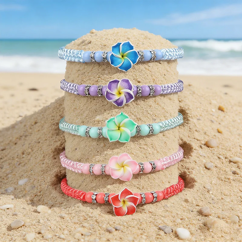 5 Stück Hawaiianische Plumeria-Blumen Armbänder Luau Sommer Strand Party Geschenk Aloha Tropische Geburtstagsdekoration Hochzeit Perlen-Armreifen – Detail 5