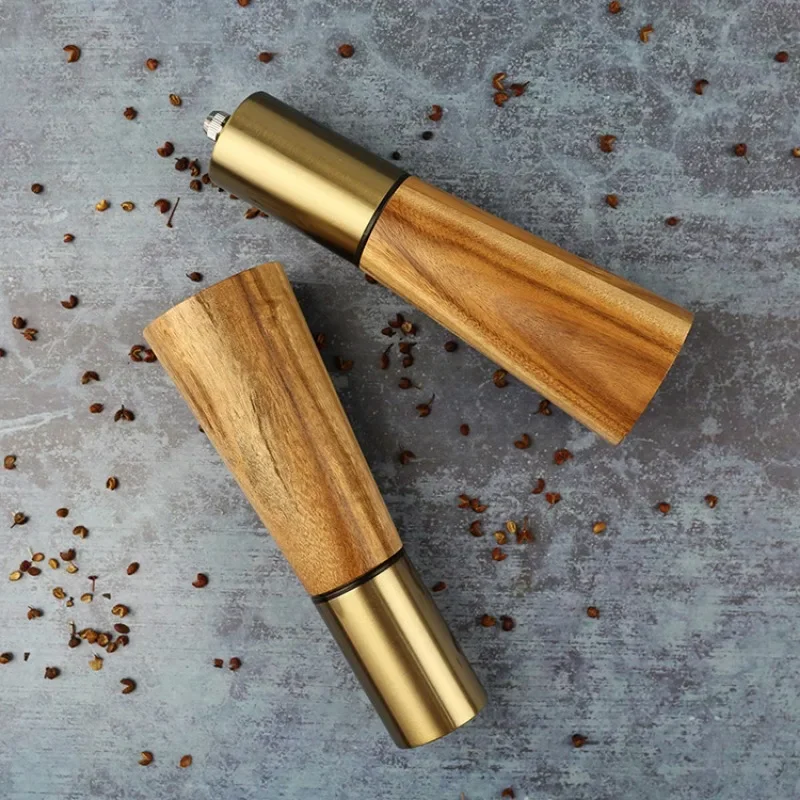 Pepper Coarse Salt Grinder Metallic Acacia Wood Kitchen Seasoning Jar Pepper Mill Set Spice Jar Salt Shaker Kitchen Supplies