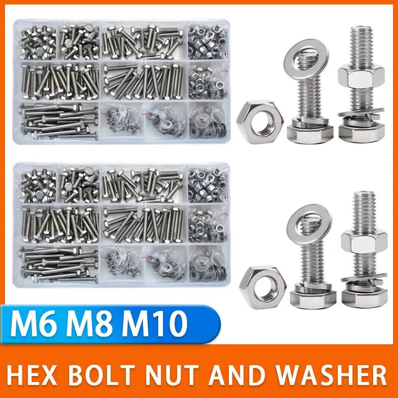 M6 M8 M10 Bolts and Nut Washer 304 Stainless Steel Assortment Kit Hex Head Assorted Metric Screw Flat Spring Lock Spacer Box Set