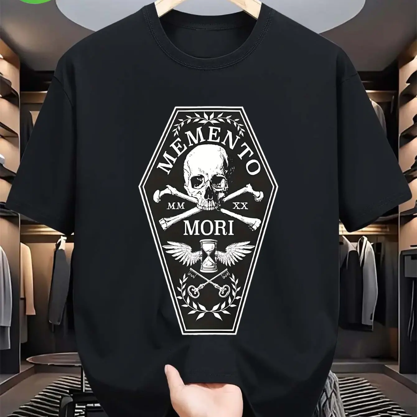 Herren Gothic Memento Mori T-Shirt aus 100% Baumwolle mit lateinamerikanischem Mortify-Design, schwarzem Totenkopf- und Sanduhr-Knochen-Print