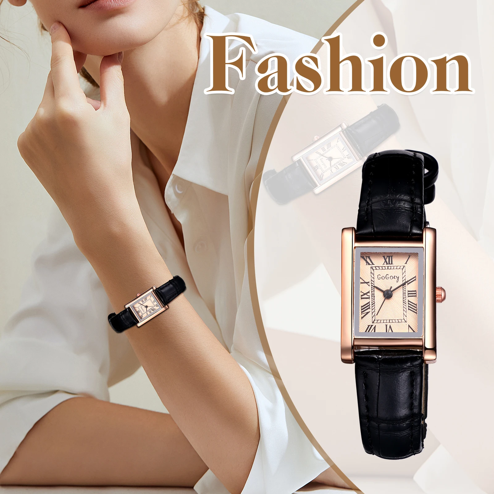 Lancardo Leather Rectangular Women Small Watch Silver Rectangular Roman Numerals Premium PU Strap Black Women's Exquisite Watch