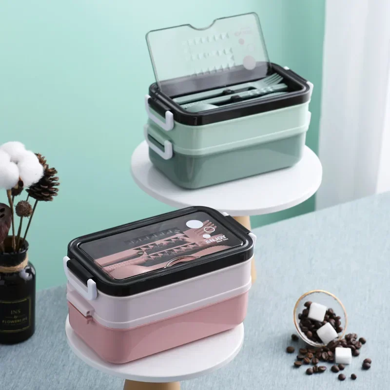 2 Layers Lunch Box Stainless Steel Microwave Heating Lunch Container Food Storage Box Bento Box For School Kids Office Worker