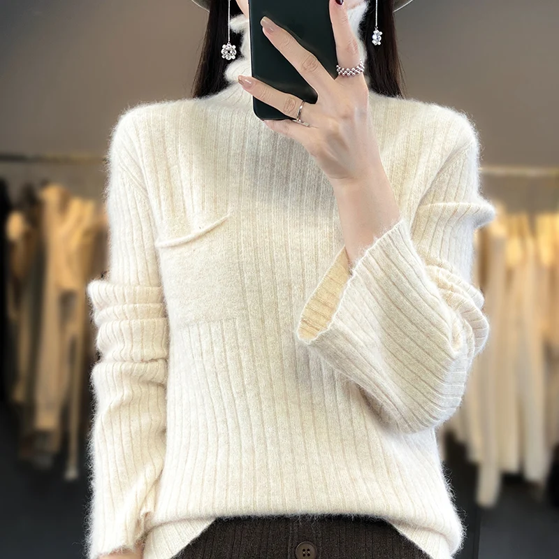 

Autumn and winter new pile collar cashmere sweater lady mink woolen jumper with loose solid color wool knit base shirt