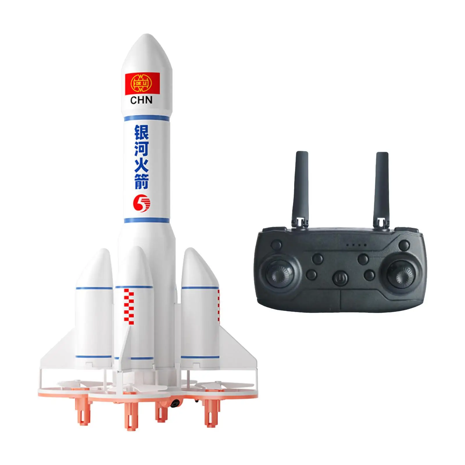 Gros plan sur le drone fusée spatiale RC pour enfant montrant ses capteurs d'évitement d'obstacles avant.