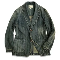 Amekaji Wear Clothes Men Cotton Striped Denim Casual Suit Jacket Retro Washed Distressed Niche Good Quality 1
