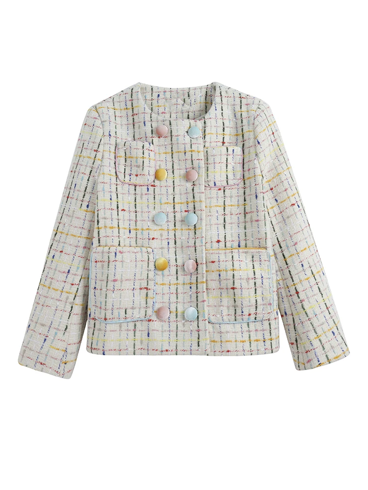 QOERLIN High End Women's Long Sleeve Double-Breasted Tweed Jacket with Pocket Elegant Slim Fit Work Office Business Tweed Blazer