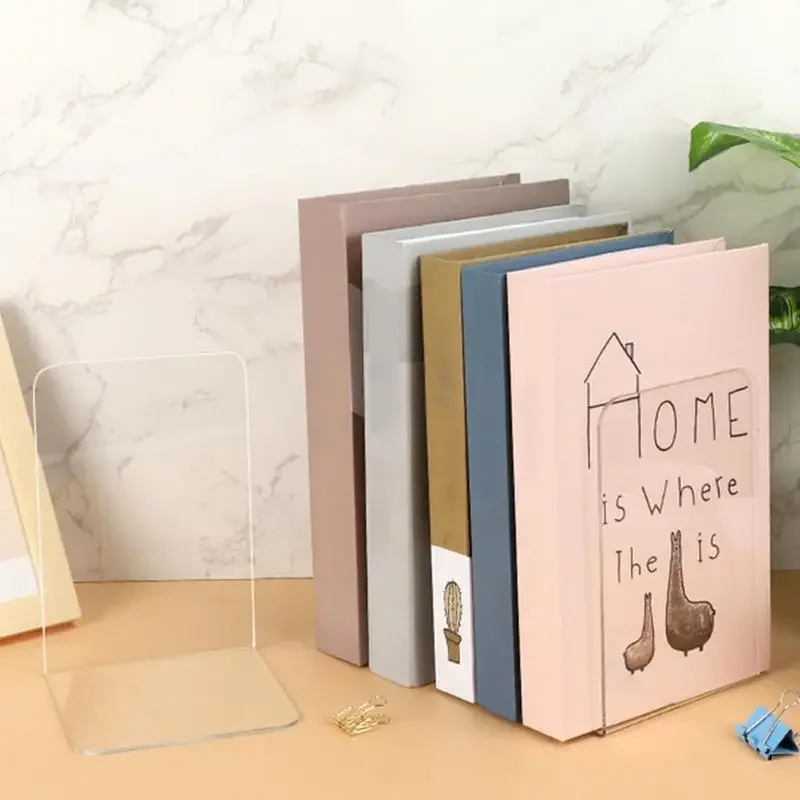 L-Shaped Transparent Acrylic Bookends Stand Bookshelf Desktop Decorative Storage Rack Holder School Stationery