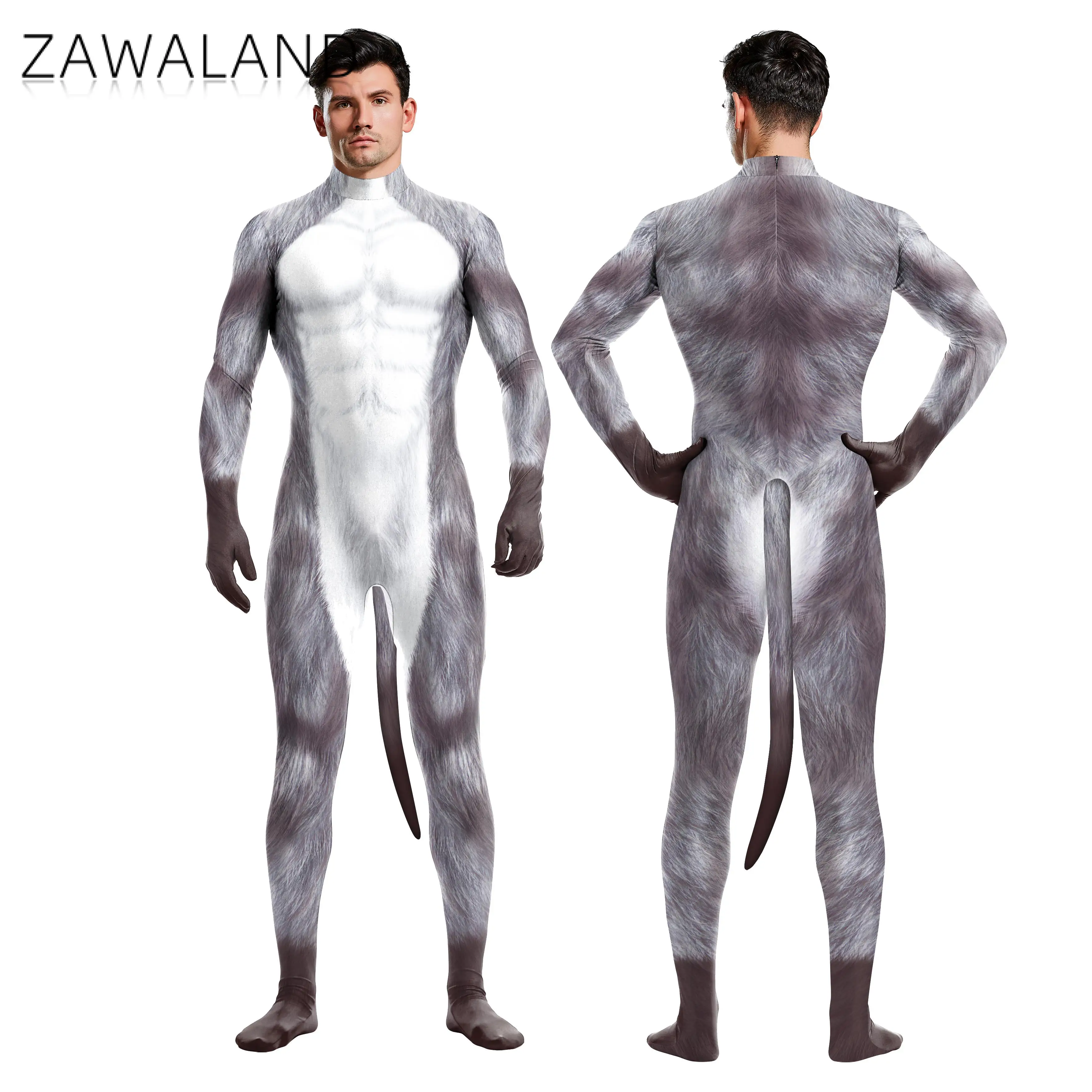 Zawaland Halloween Carnival Cosplay Snow Wolf 3D Printed Jumpsuit Long Sleeve Tight Catsuit Costumes Zentai Bodysuit with Tail cosplay costume