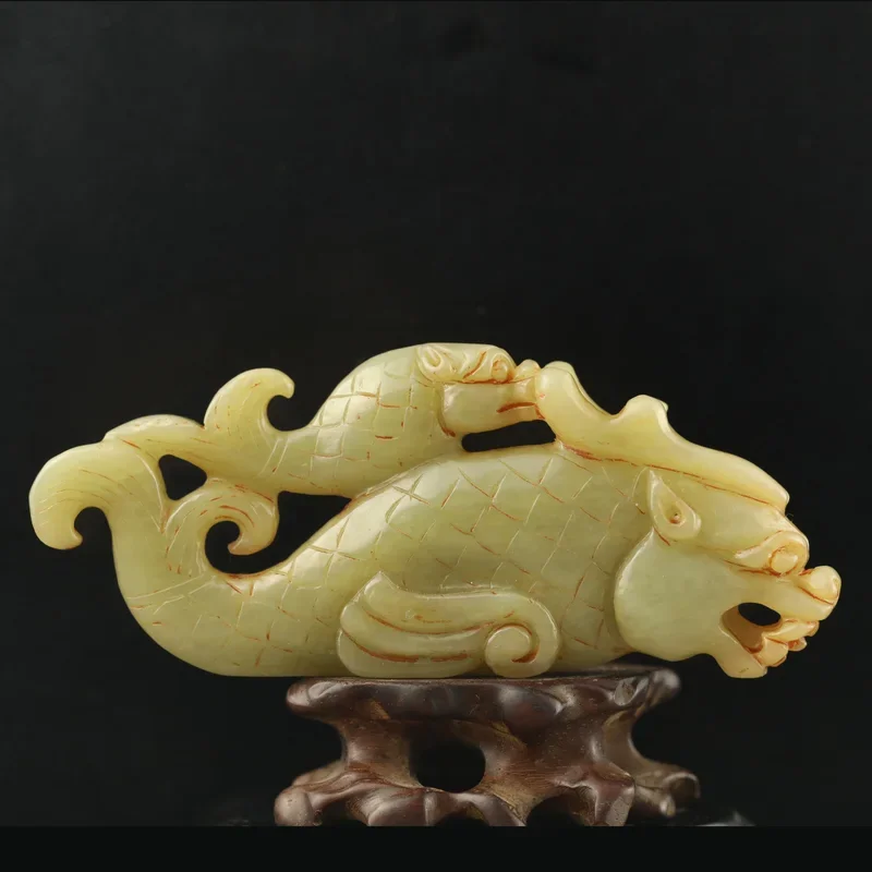 

Old China Natural hetian Jade hand carved statue loong fish d1
