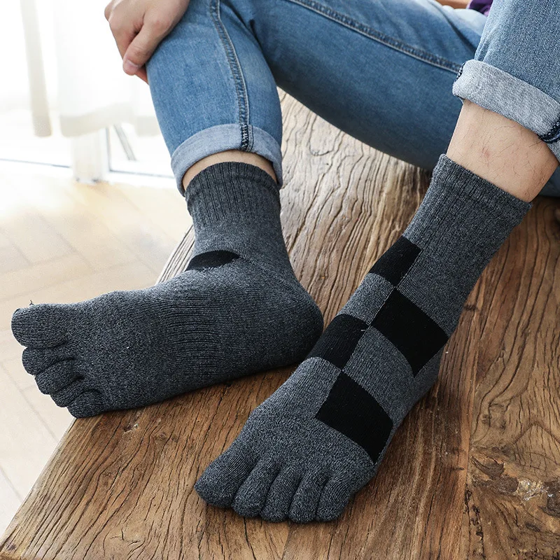 5 Pairs Thick Five Finger Socks Autumn Winter Warm Cotton Sock Big Plaids Business Sport Anti-Friction Deodorant Split Toe Socks