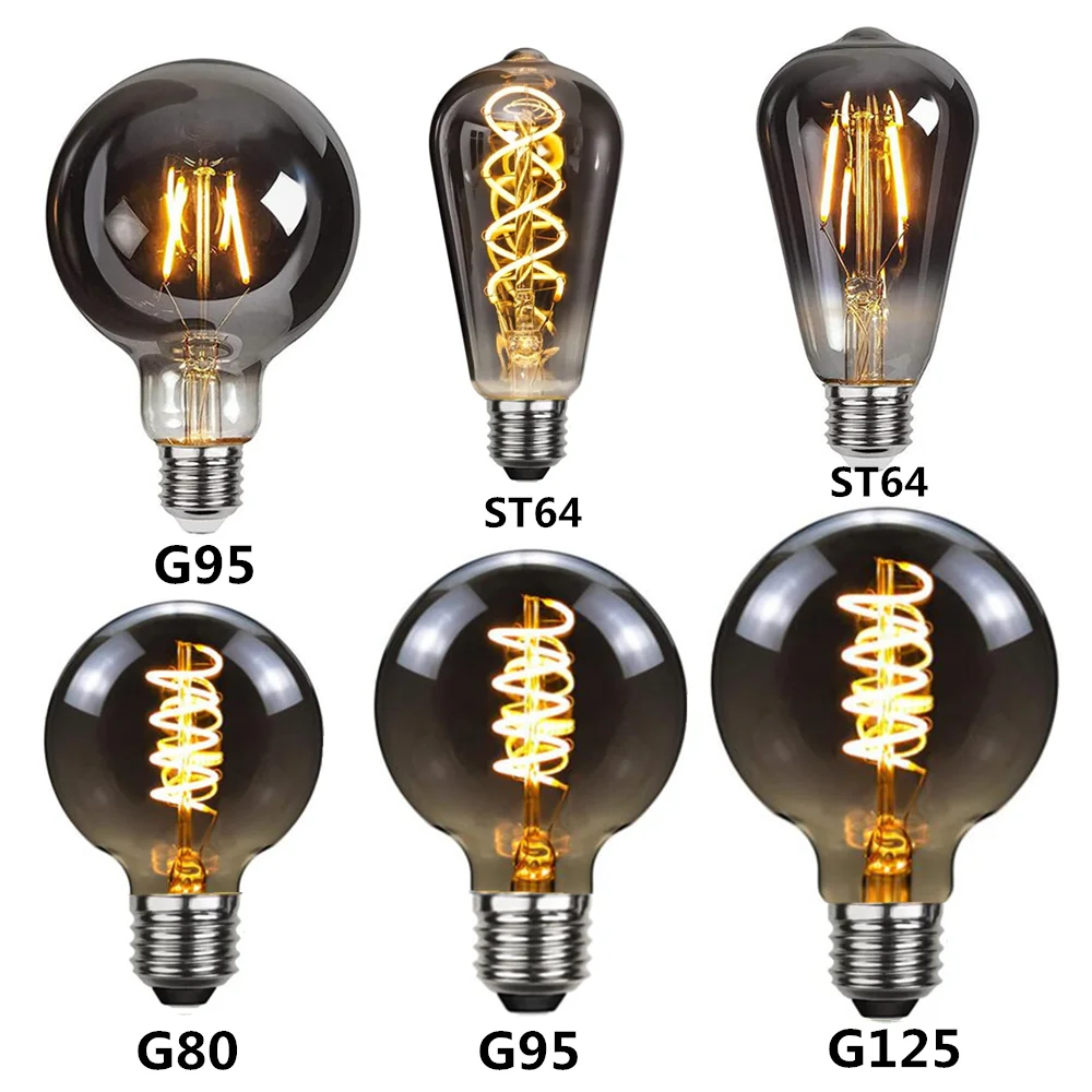 LED ST64 G95 G125 4W Dimmable E27 220V 110V Smoky Gray 2700K GSpiral Filament Bulb  Retro Vintage Decorative Light Edison Lamp