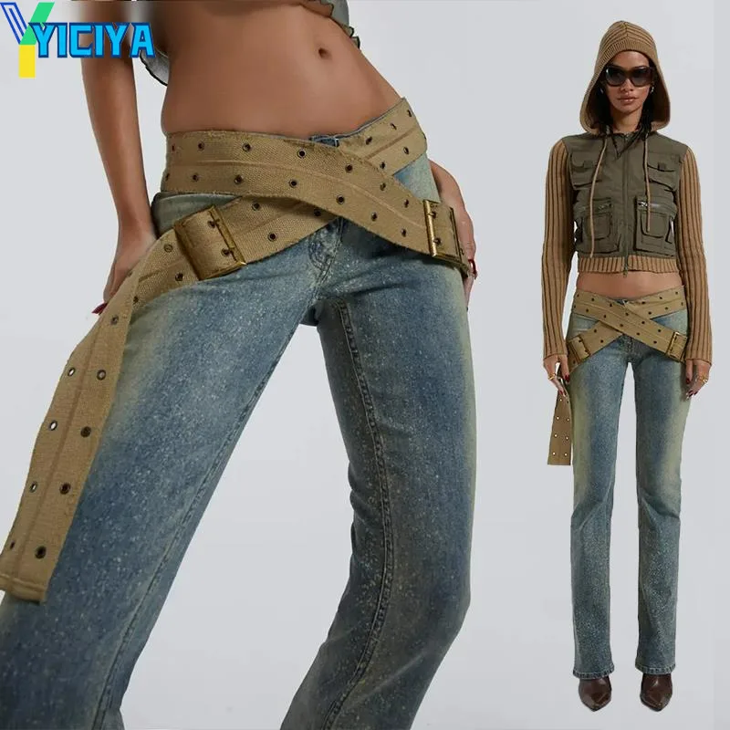 

YICIYA Flare Jeans Vintage Low Waist Women Cross-Webbing-Belt Bell bottoms Boot cut Pants Grunge Y2k Trousers Streetwear jean