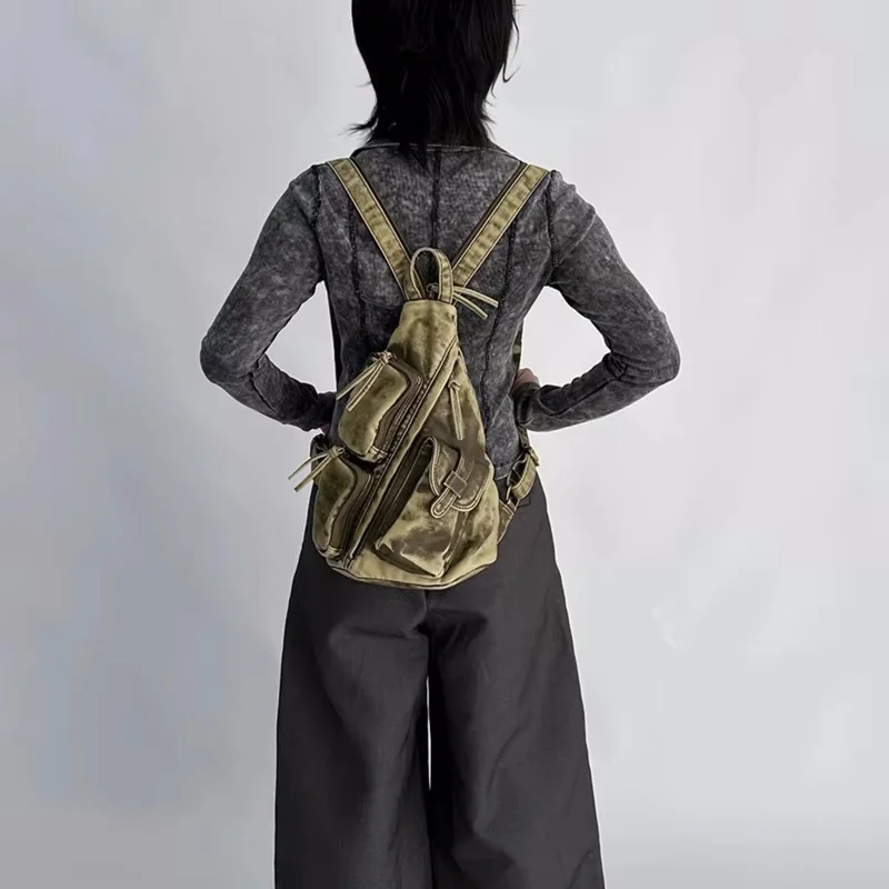 Annmouler Designer Backpacks for Women Soft Washed Letaher Sling Chest Bag Vintage Multi-pockets Punk Style Small Bag 3