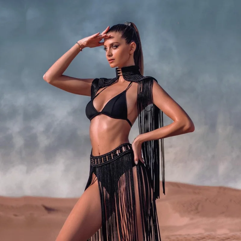 Creative Handmade Cotton Rope Woven Retro Bohemian Style Elegant Temperament Tassel Long Skirt Beach Swimming Suit