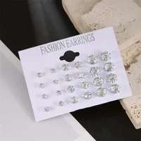 12 paires de boucles d'oreilles en Zircon à Six griffes, ensemble de boucles d'oreilles géométriques en cristal brillant blanc pour femmes et hommes, accessoires de bijoux 4