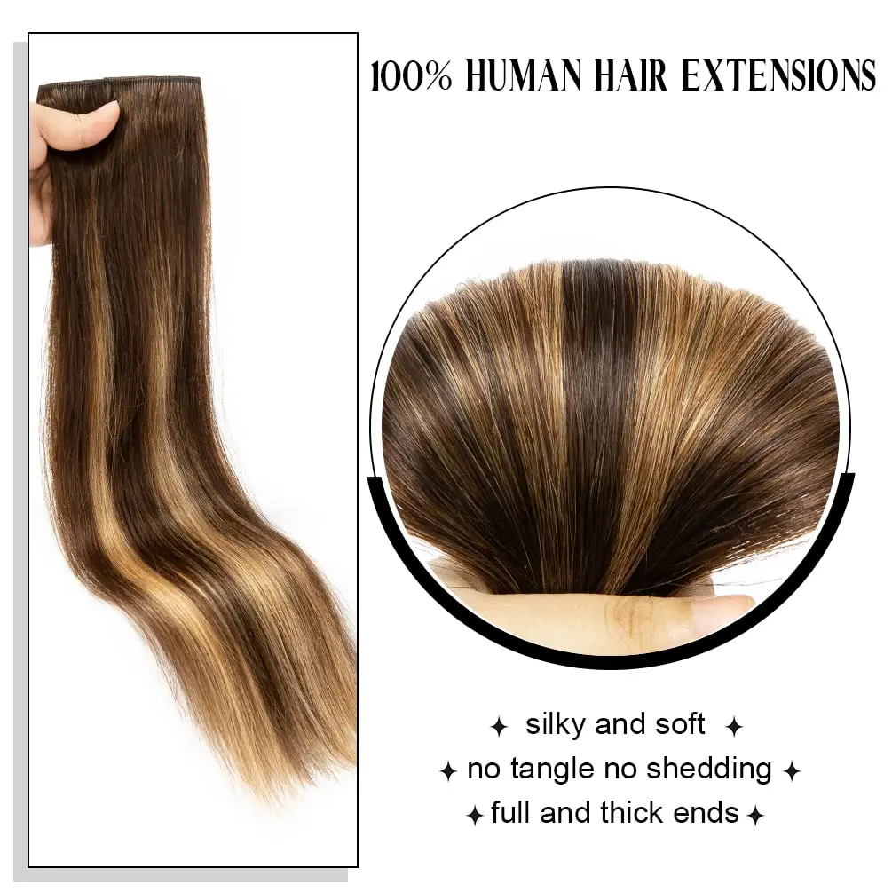 #4/27 Straight Clip In Hair Extensions 100% Human Hair Highlight One Piece 5 Clips 3/4 Full Head Clip In Human Hair Extensions