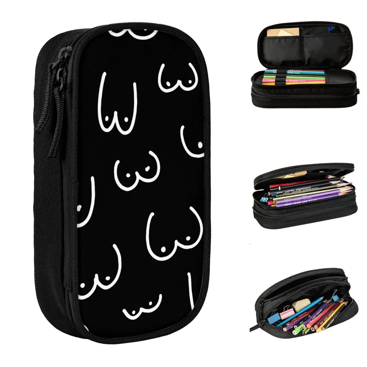 

Black And White Drawing Of Boobs Pencil Case Classic Pen Box Bags Girl Boy Large Storage Students School Gifts Pencilcases