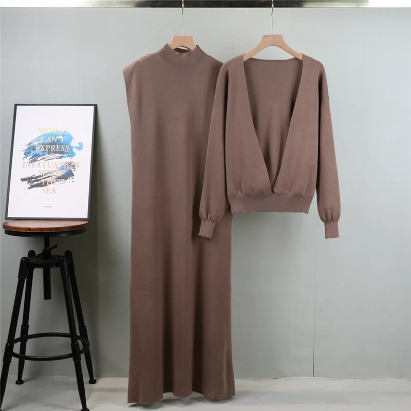 2024 New Fashionable Knitted Sweater Dress Set For Women Autumn Winter Stylish Sleeveless Long Sweater Dress Tops Two-piece Se 3