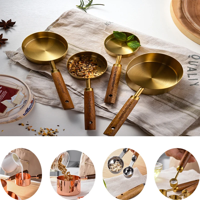 

Gold-plated Stainless Steel Measuring Cup Set Wooden Handle Measuring Spoon Household Kitchen Baking Tools