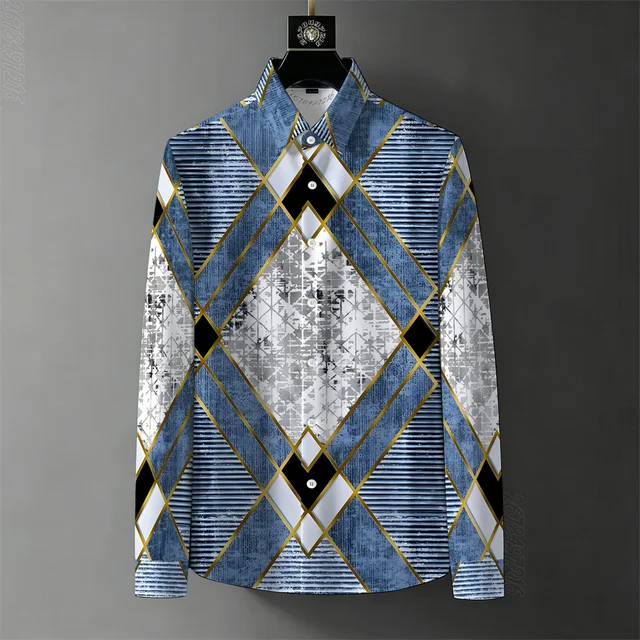 Chemise Homme Luxe à Imprimé Géométrique, Manches Longues, Printemps/Automne 2026, Infroissable, Décontractée Chic, Haut Polyvalent 1