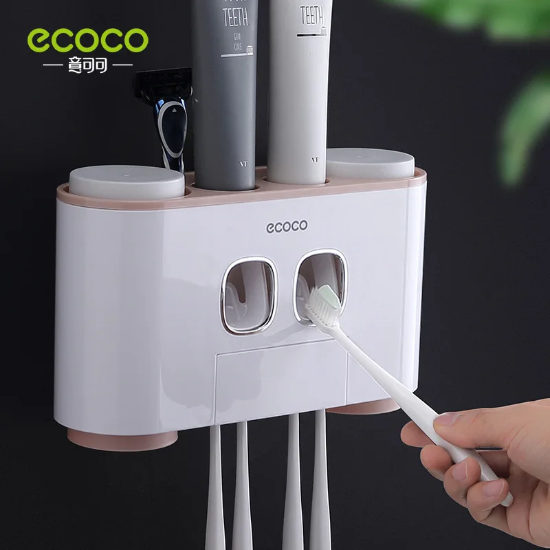 

ECOCO Toothbrush Holder Auto Squeezing Toothpaste Dispenser Wall-mount Toothbrush Toothpaste Cup Storage Bathroom Accessories