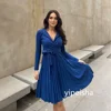 Customized A-line V-neck Bespoke Occasion Gown Simple Blue Party Dresses Jersey Knee Length Evening Dresses Bow Pleat Prom Dress 3