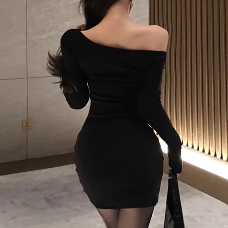 y2k Dress Women Sexy Clothes Lace Patchwork Slash Neck Off Shoulder Long Sleeve Bodycon Dresses Evening Party Dresses