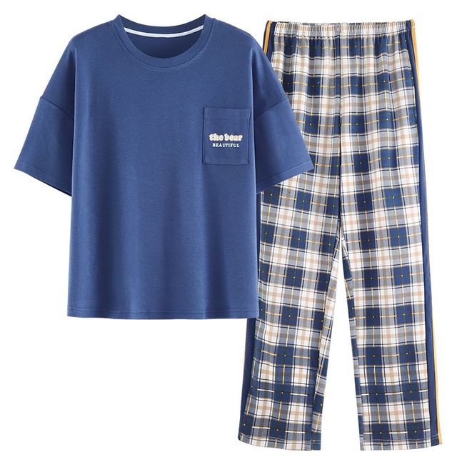 Women Pajama 2 Pcs Sets Cotton T-shirt Elastic Waist Ankle Length Pants Cartoon Plaid Sweet Home Clothes Can wear Outside