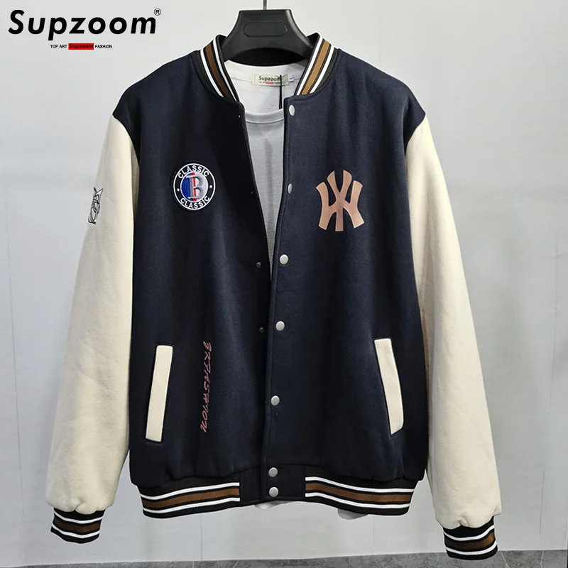 Supzoom 레터 리브 슬리브 코튼 탑 패션 로고 싱글 브레스티드 캐주얼 봄버 야구 재킷, 루즈 가디건 코트, 신상
