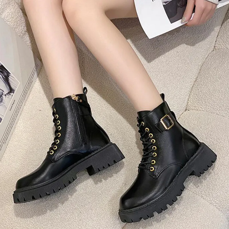 

TSTCTB Punk Style Lace Up Motorcycle Boots Women Fashion Buckle Platform Ankle Booties Woman Autumn Winter Pu Leather Boots