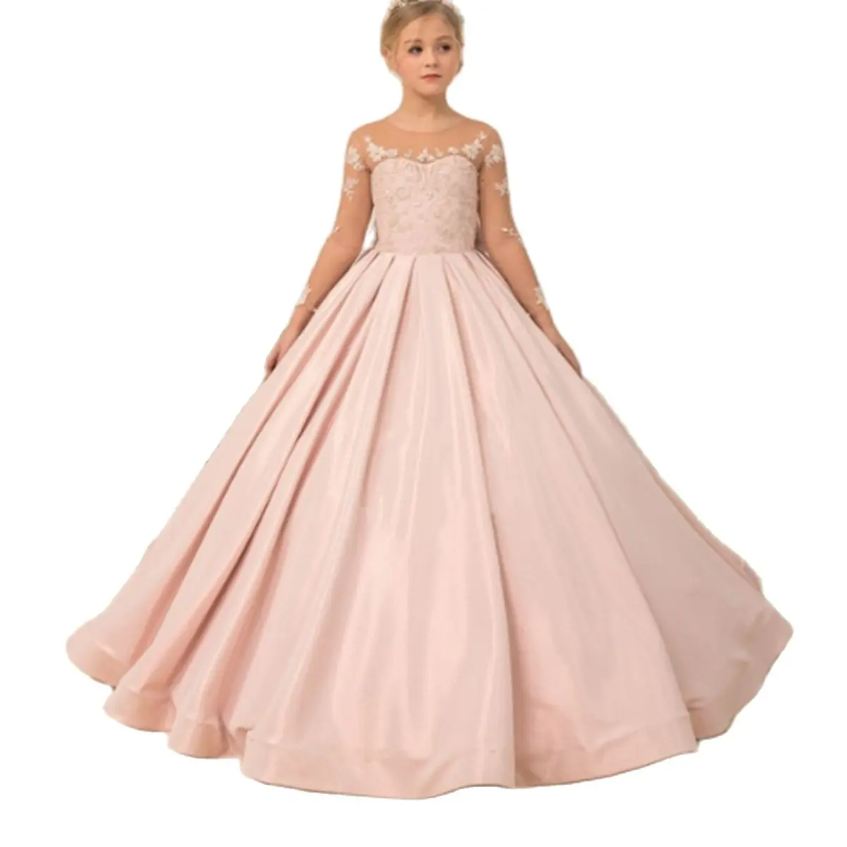 

Pink Satin Applique Full Sleeve Floor Length Flower Girl Dress For Wedding Princess Communion Birthday Celebration Party Dresses