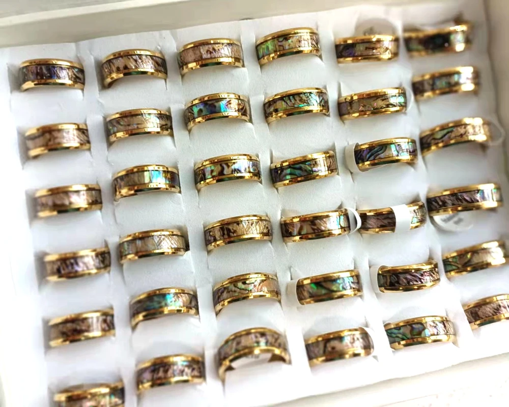 Wholesale 10 /20/50/100 pcs  8mm Band Abalone Shell 316L Stainless Steel Man Women Ring Fashion Jewelry 4