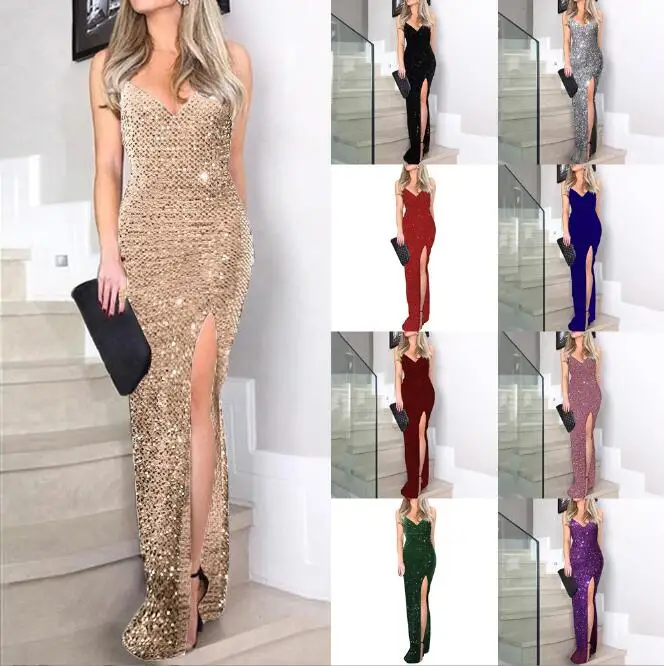 

Summer New Sexy And Fashion Suspender Sequin Split V-neck Solid Color Dress For Women