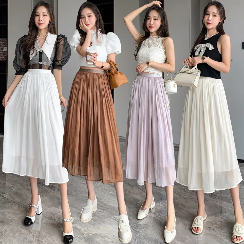 

Streaming gauze skirt women's 2022 summer pearly skirt temperament willow wrinkle summer temperament gauze skirt