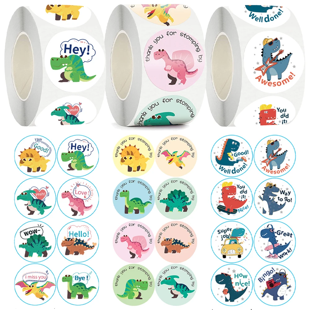 New Children's Cartoon Stickers 1inch Little Dinosaur Pattern Kids Stationery Supplies School Teacher Supplies Reward Stickers