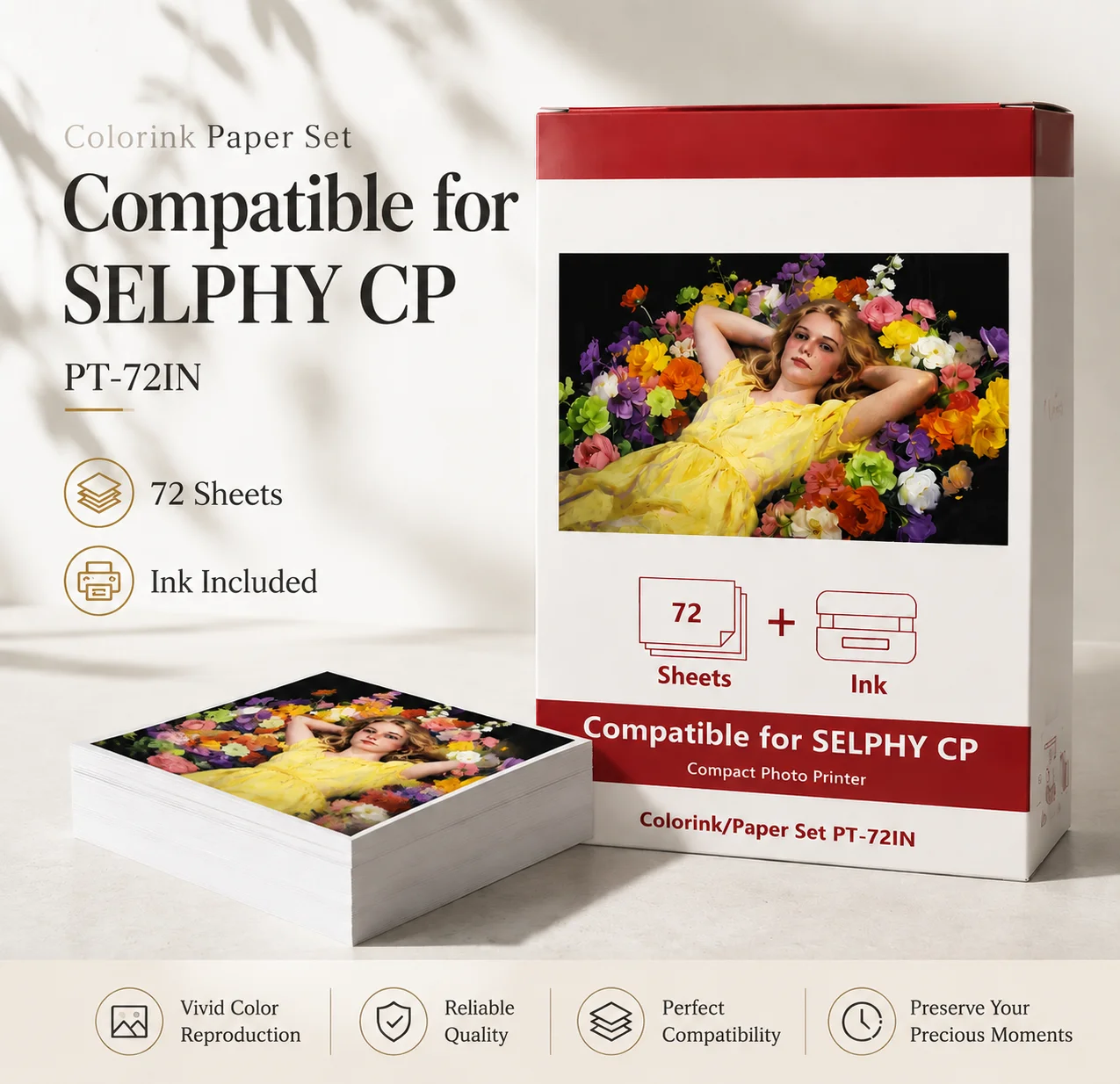 캐논 셀피 CP1500 CP1300용 교체 잉크 및 4x6 포토 용지 키트, 웨딩 및 일상 인쇄용 광택 용지 2개 카트리지 72매