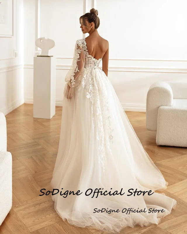 SoDigne A-line Tulle Appliques Wedding Dresses One Shloudler Split Bridal Dress Long Wedding Gown Robe De Mairee Customized 13 Se8f9832e98964d0abaf8f38db7cea8dfR