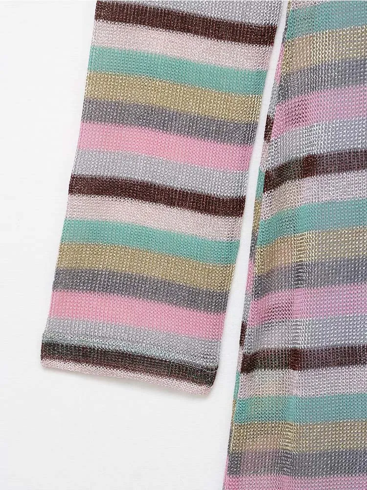 2025 Chic Elegant Fashion Long Sleeved Round Neck Stripe Light And Thin Long Dress Women Summer Evening Party Dresses