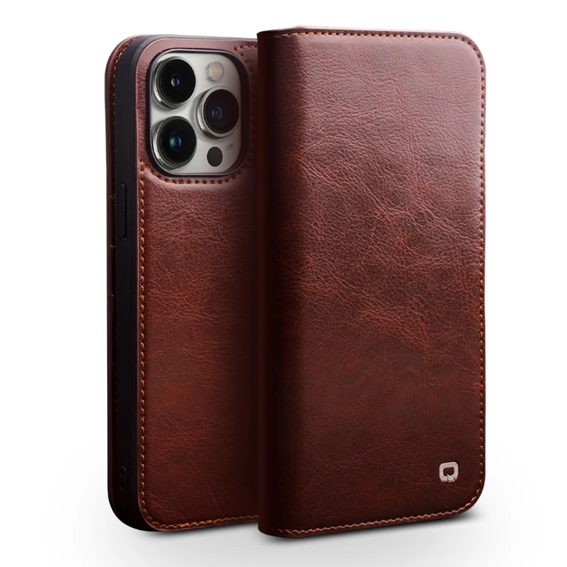 

Qialino Brand Genuine Leather Flip Phone Cover For Apple Iphone 14 iphone14 Pro Max Real Cowhide Case Kickstand Card Pocket