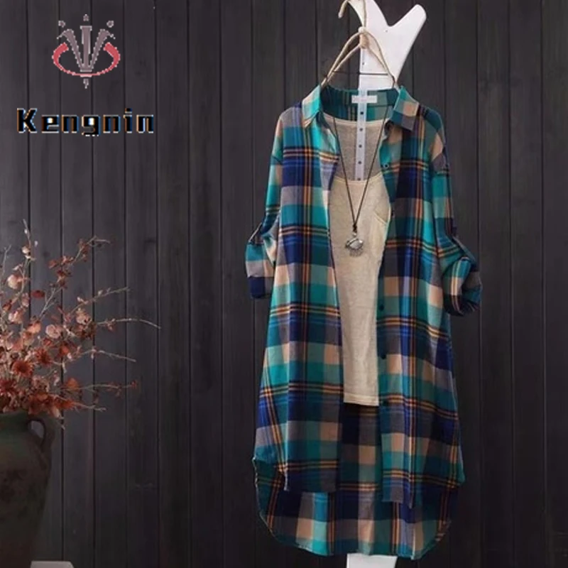 

2022 Autumn Long Sleeve Women Blouse and Shirts Print Plaid Loose Plus Size Suncreen Blause Casual Femlae Mid-Long Tops KN372