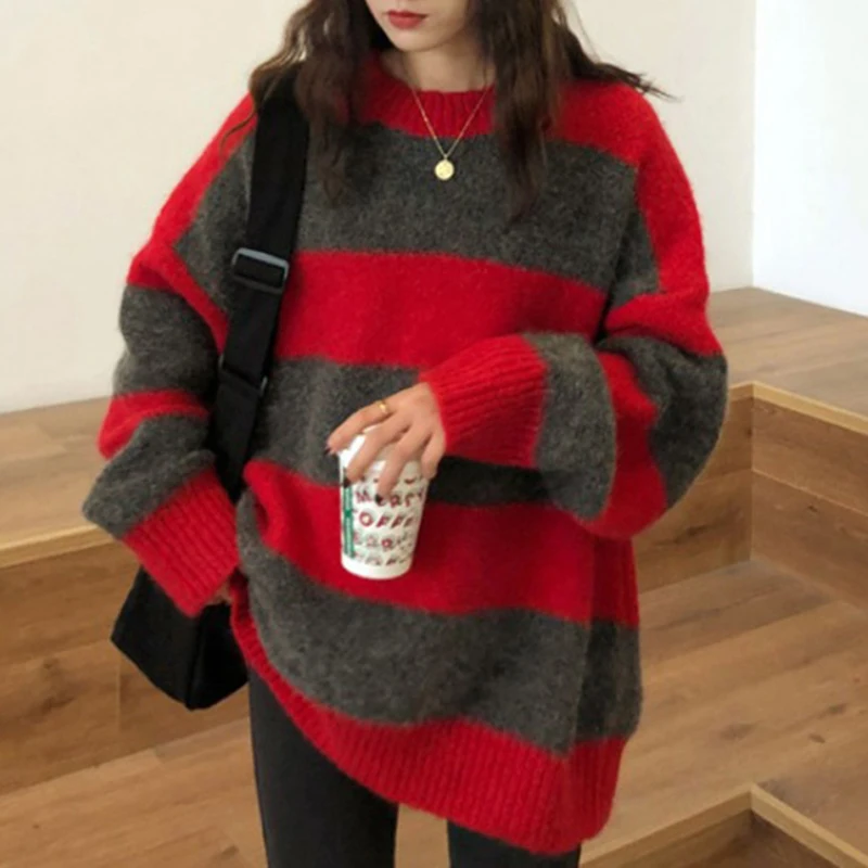 

Fashion Knitted Pullover Striped Sweater Women Autumn O-neck Casual Loose Winter Knitwear Women Thick Tops Contrast Color 28594