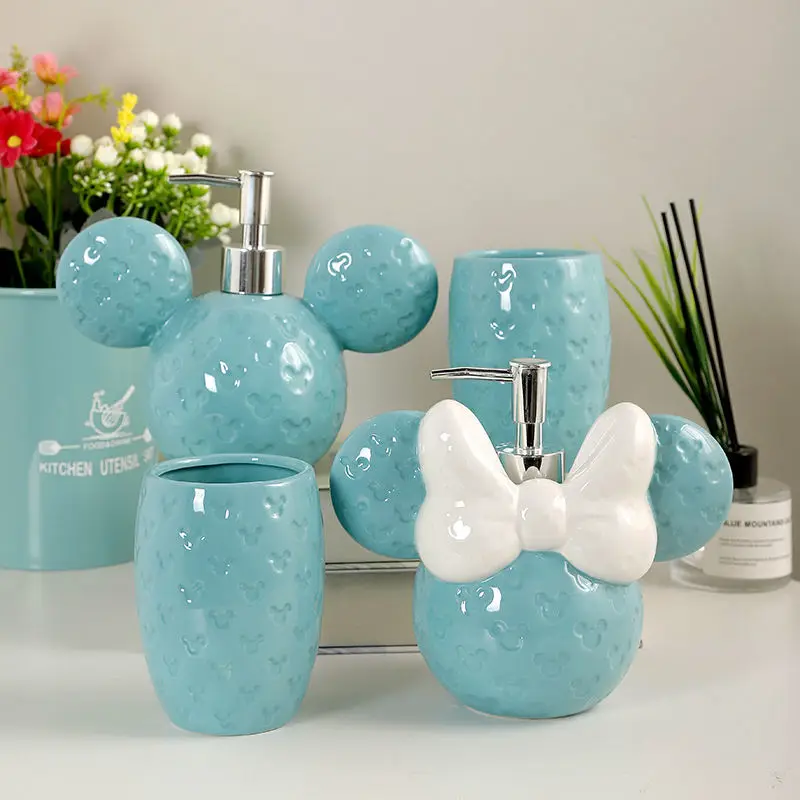 

Kawaii Disney Anime Hobby Mickey Mouse Minnie Mouse Porcelain Press Hand Sanitizer Mouthwash Moisture Bottled Brushing Cup Set