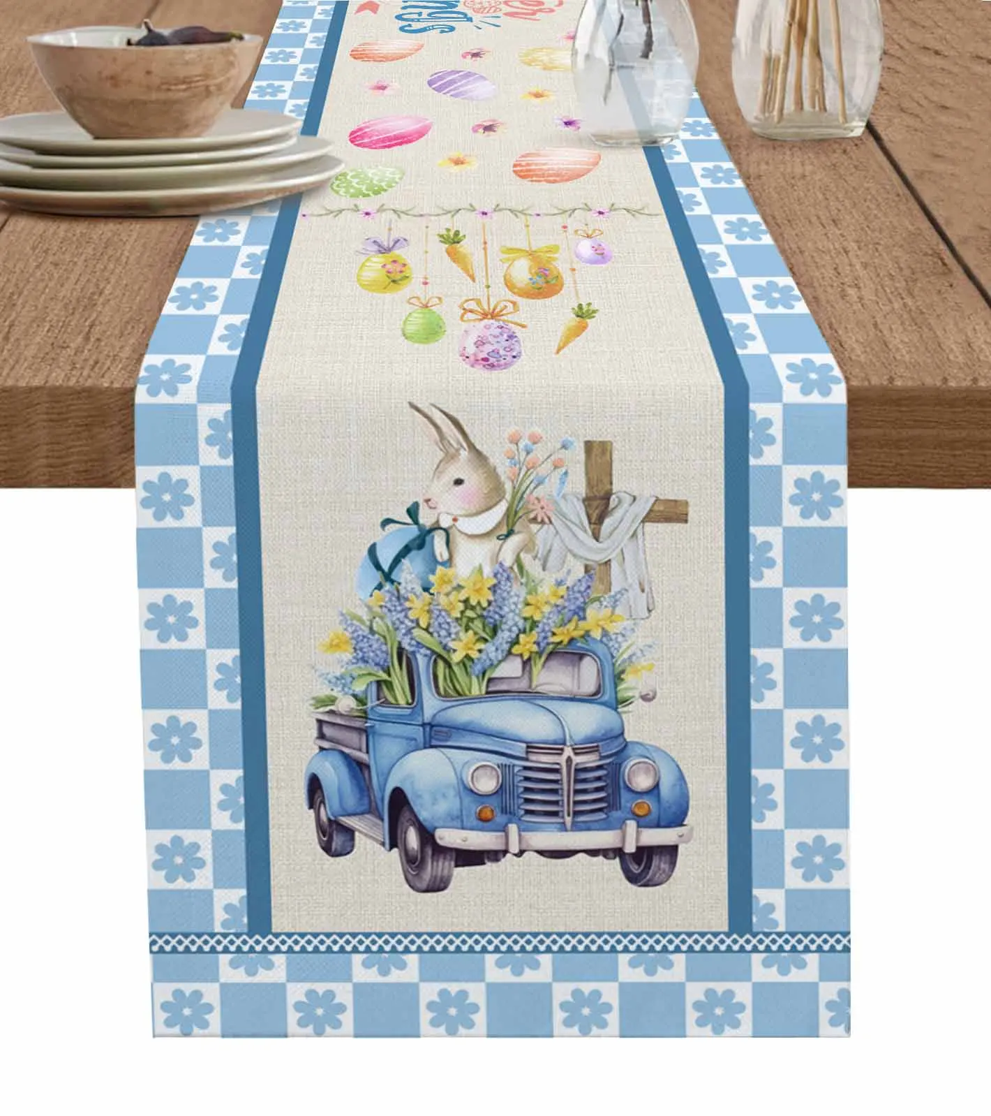 

Truck Rabbit Easter Egg Flower Blue Table Runner For Kitchen Table Cover Home Decor Tablecloth 4/6 Pcs Placemats