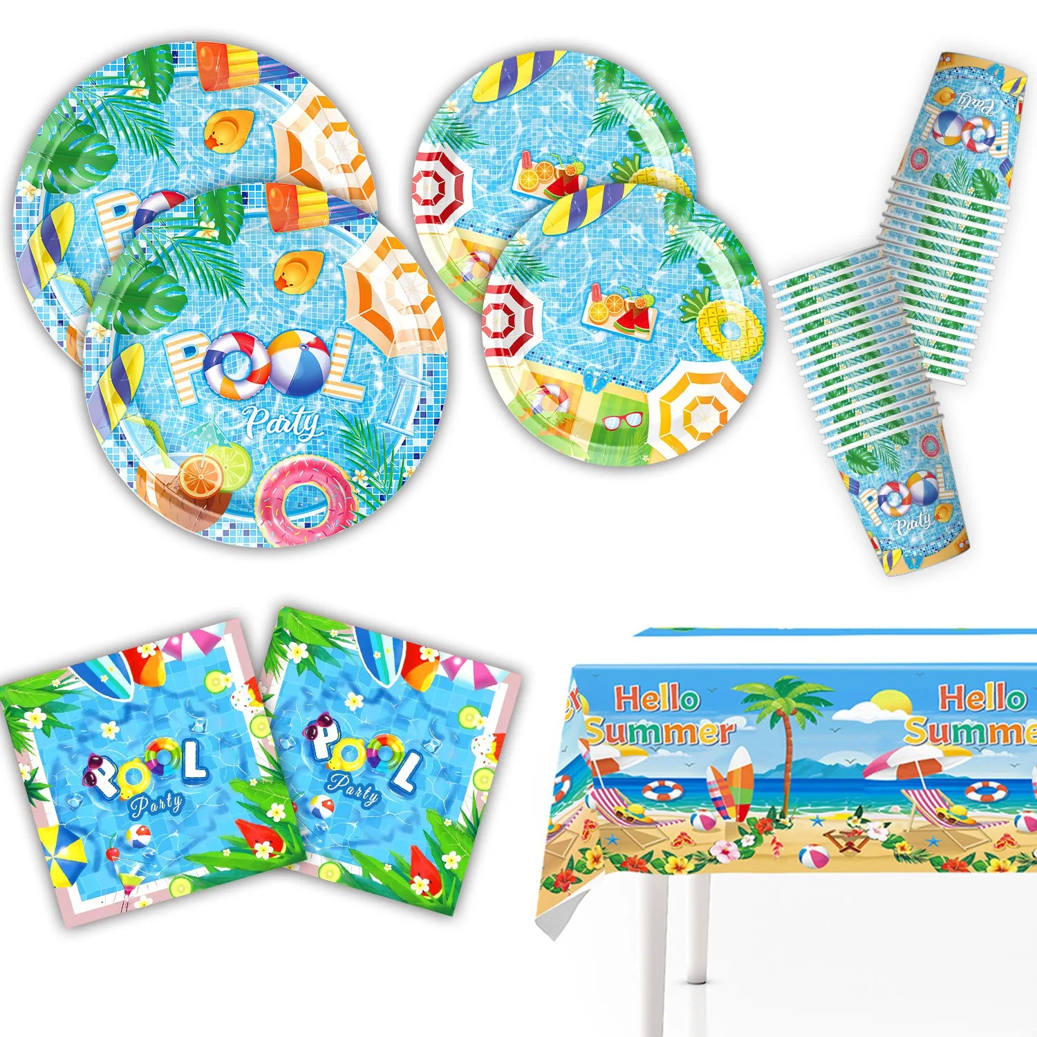 Summer Pool Theme Birthday Party Decoration Colorful Summer Pool Party Paper Plates Napkins Happy Pool Birthday Party Supplies