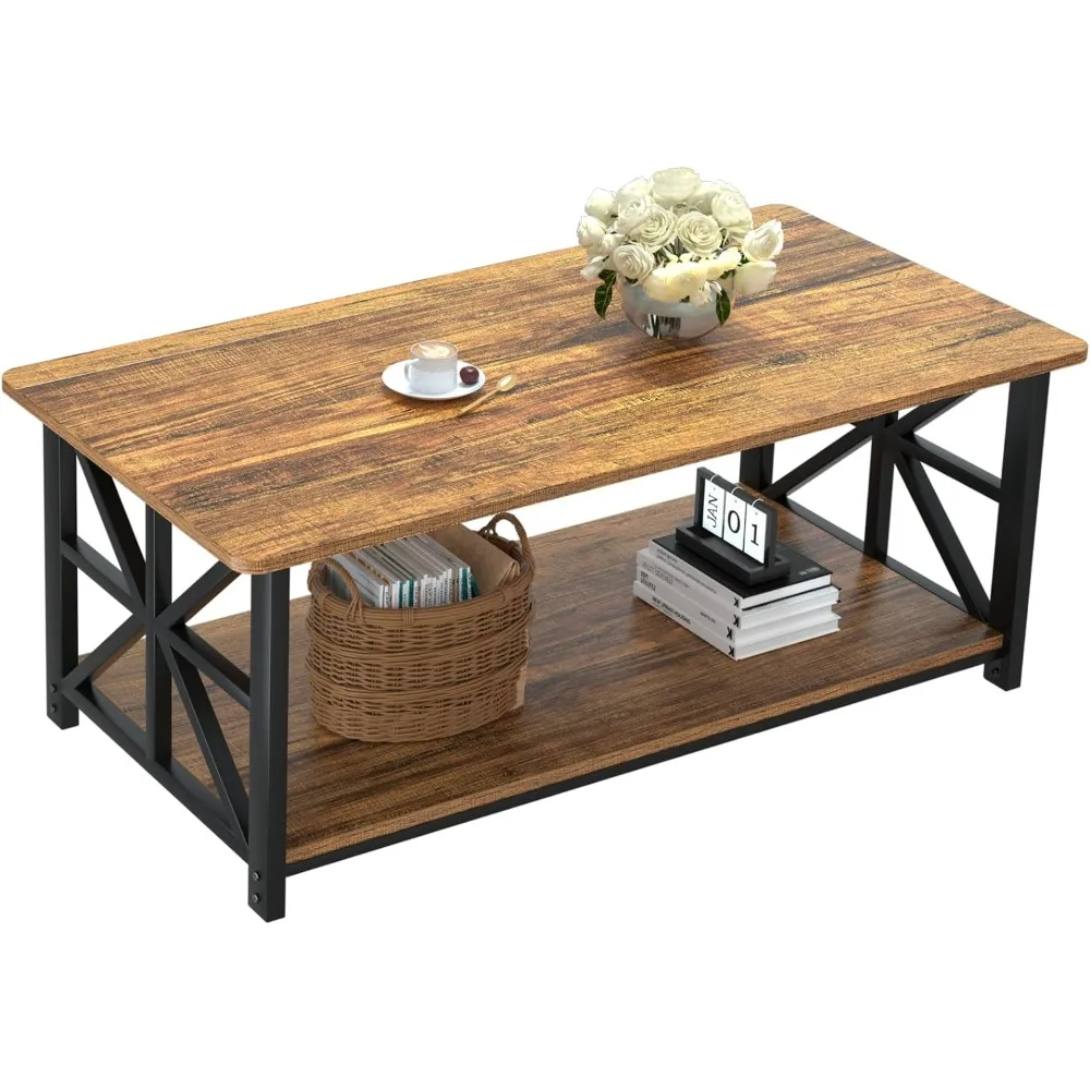 

Rounded coffee table, farmhouse center table with 2-layer storage rack X-Frame living room design, 39 inch walnut wood