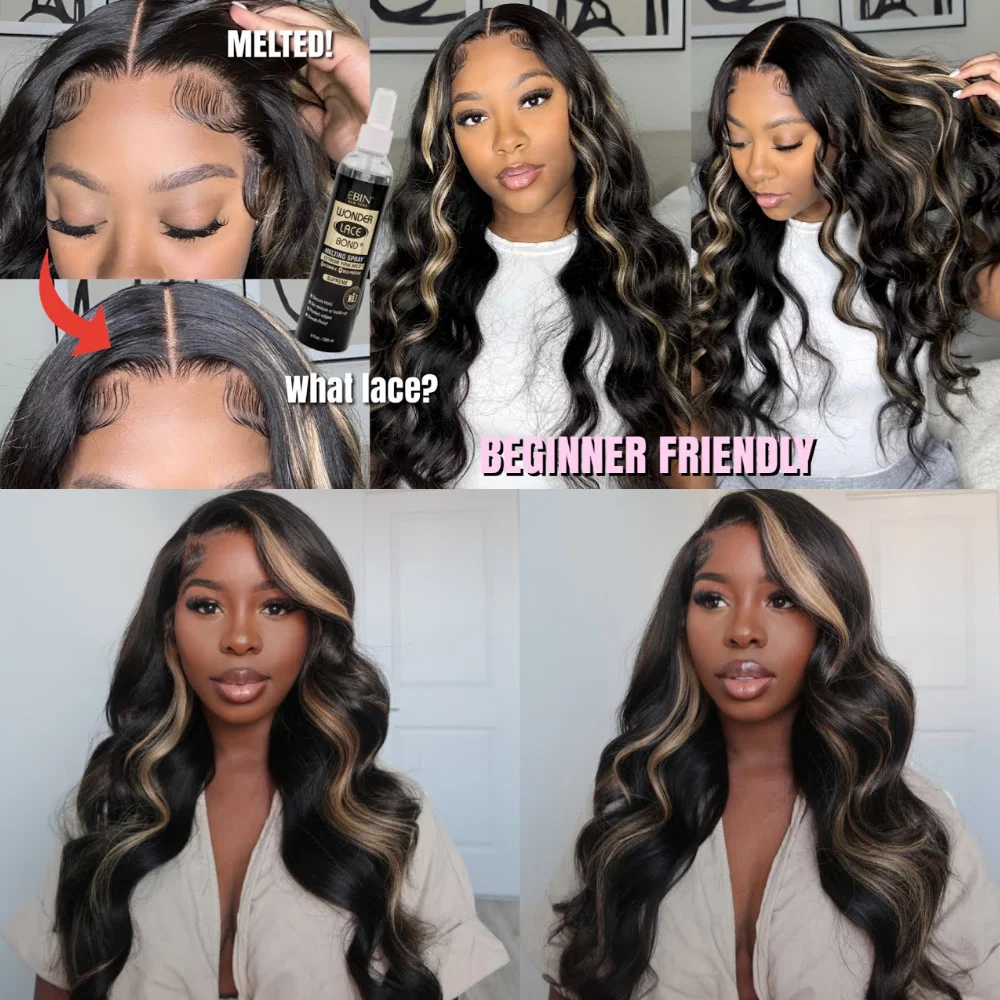 UNice Body Wave Highlight Wig Human Hair 13x4 Lace Frontal Wig Pre Cut Pre Bleached Knots 7x5 Lace Wig Wear Go Glueless Wig images - 6