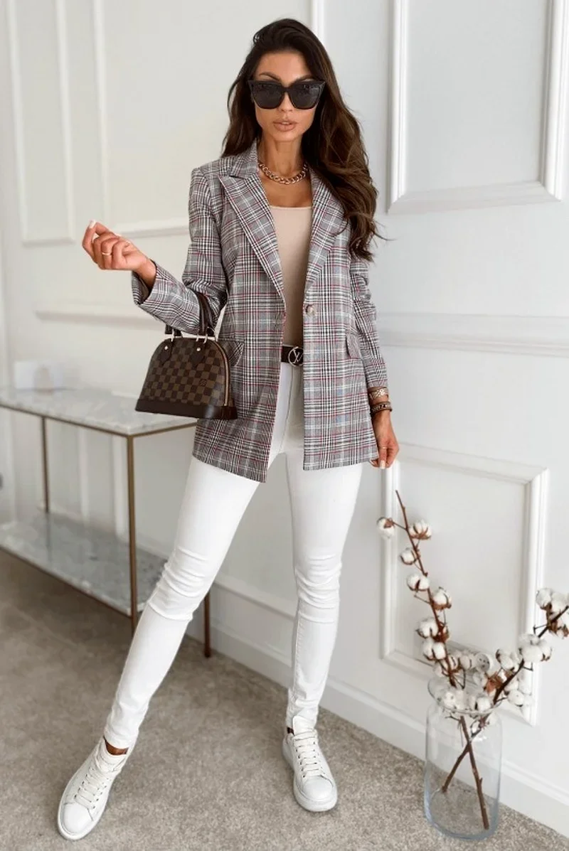 Plaid Blazer Office Lady Lapel Single Button Casual Commute Blazers Autumn Winter Slim Printed Suits Business Fashion Warm Coats