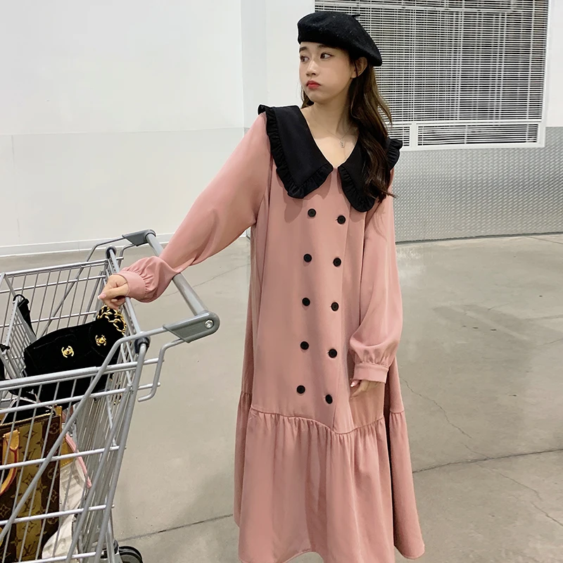 

2023 Spring New Women Dress Long Sleeve Peter Pan Colalr Loose Casual Korean Style Sweet Splice Ruffles Button Maxi Dresses 2310