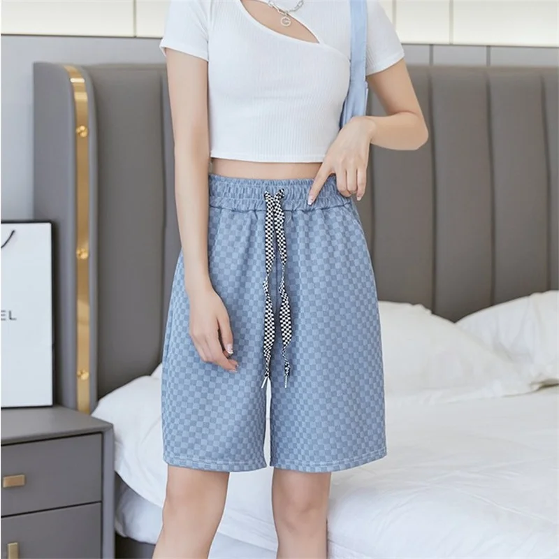 Plus Size Women Shorts Summer Casual Checkerboard Grid Sports Shorts Elastic Waist Loose Middle Pants for Female Sportwear New