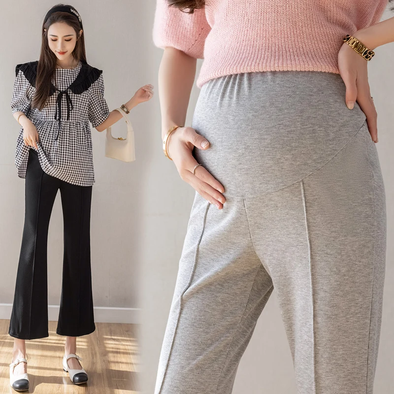 Black Grey High Waist Pregnant Women Trousers Summer Ankle-length Abdominal Flares Pants Front Split Maternity Boot Cut Culottes 6